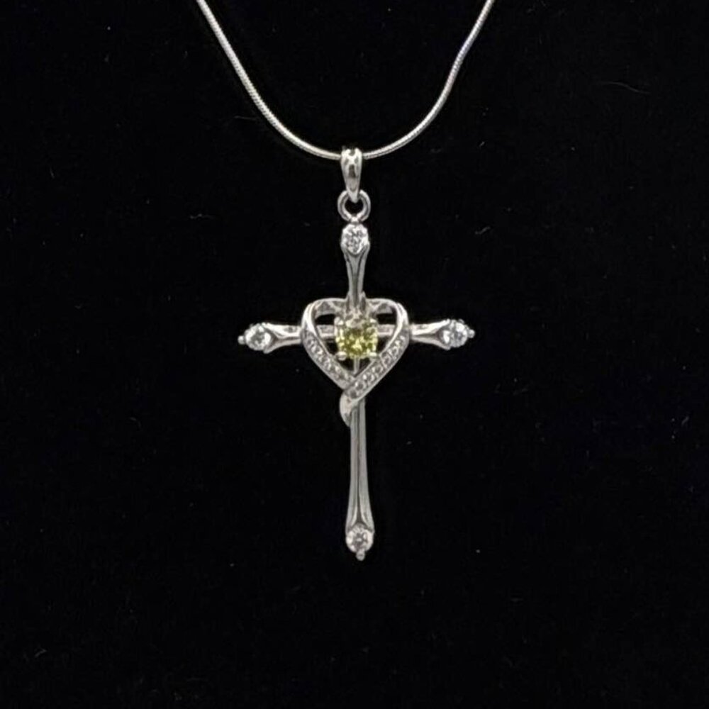 S925 1.25" Cross Pendent with 16" Chain-August (L. Green-Cubic Zirconia)